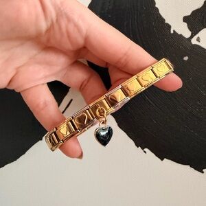 Gold Heart Italian Charm Bracelet with Black Heart Dangle – Romantic Statement